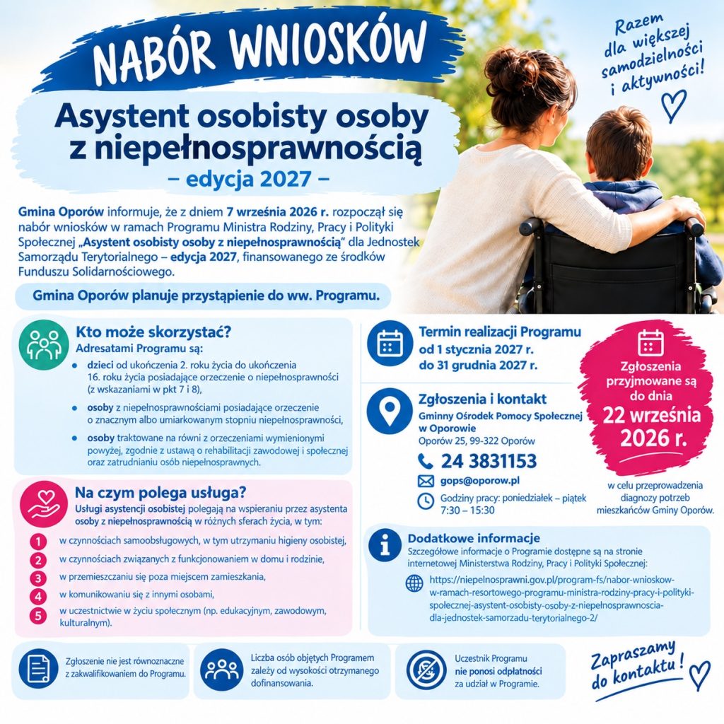 Plakat „Nabór wniosków – Asystent osobisty osoby z niepełnosprawnością, edycja 2027”. Treść plakatu znajduje się powyżej.