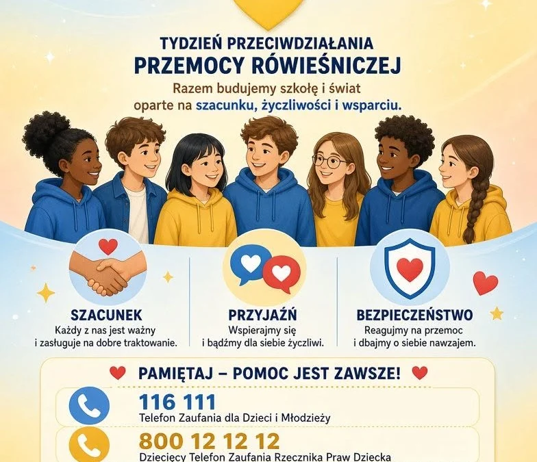 Grafika: Stop przemocy rówieśniczej!. Treść grafiki znajduje się w tekście wpisu.