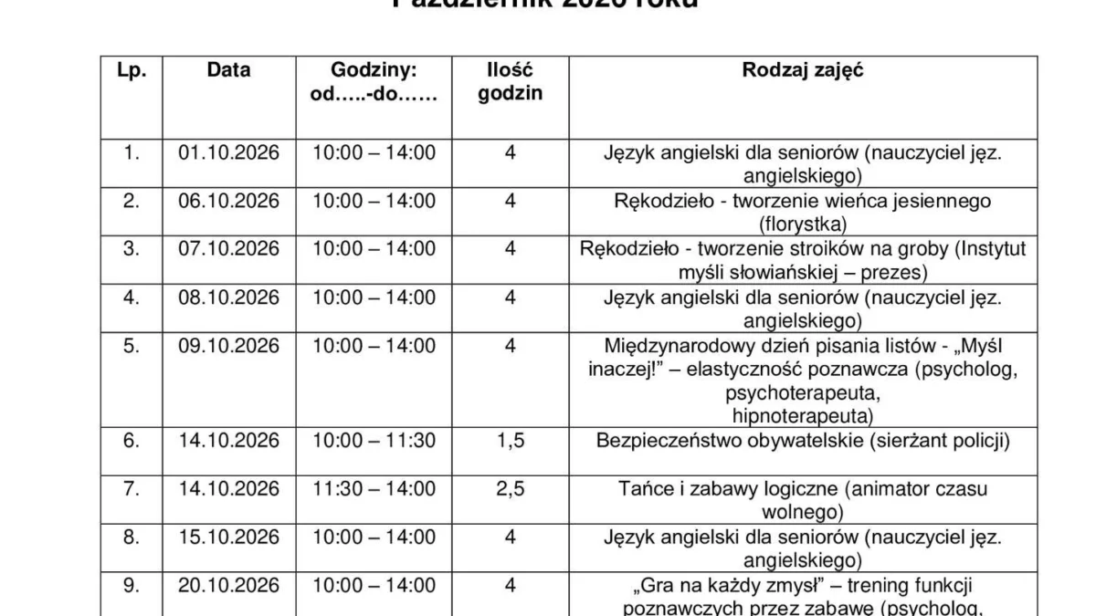 Grafika 1 z 2: Harmonogram zajęć w Klubie Seniora – październik 2026. Treść znajduje się w tekście wpisu.
