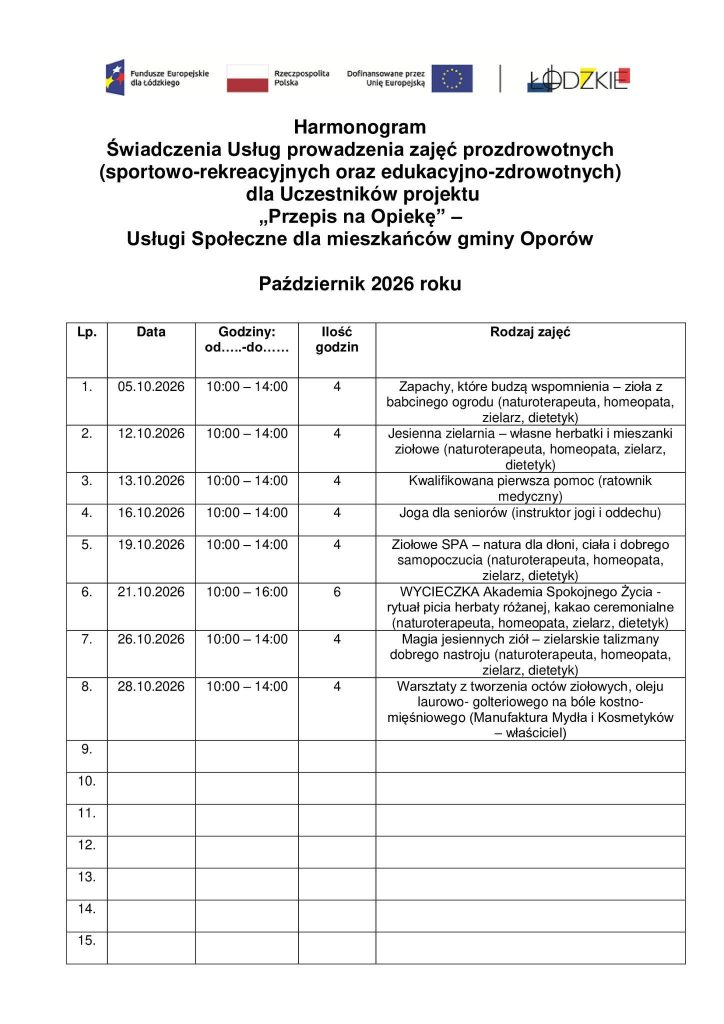 Grafika 2 z 2: Harmonogram zajęć w Klubie Seniora – październik 2026. Treść znajduje się w tekście wpisu.