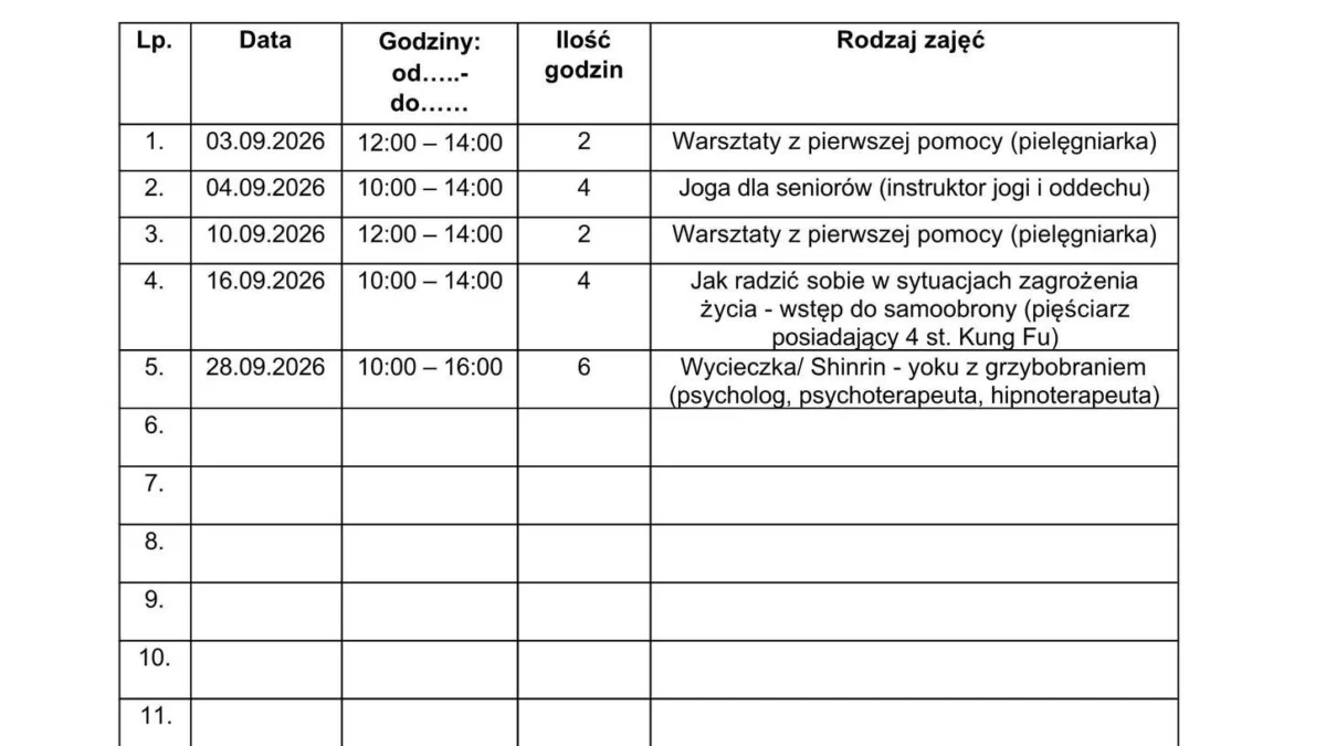 Grafika 1 z 3: Harmonogram zajęć w Klubie Seniora – wrzesień 2026. Treść znajduje się w tekście wpisu.