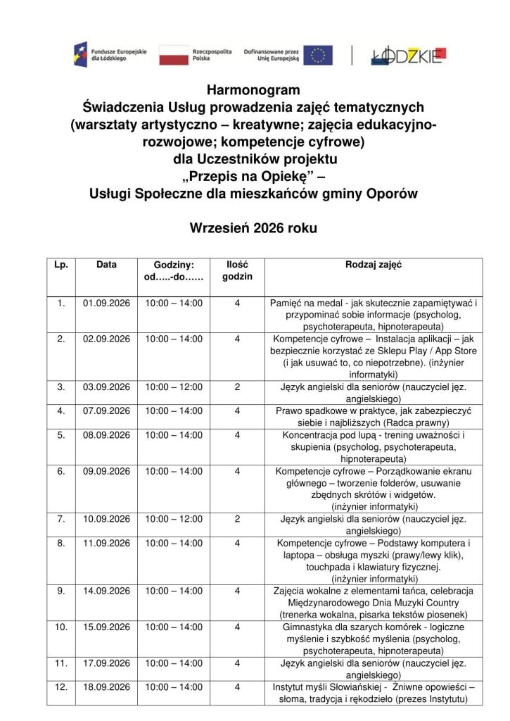 Grafika 2 z 3: Harmonogram zajęć w Klubie Seniora – wrzesień 2026. Treść znajduje się w tekście wpisu.